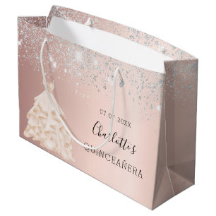 Rose Gold Silberkleid Name Quinceanera Große Geschenktüte