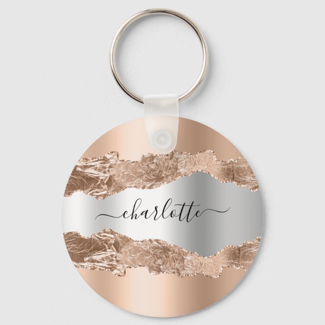 Rose Gold Silbermetall-Agarve-Marmornamenskript Schlüsselanhänger (Vorderseite)