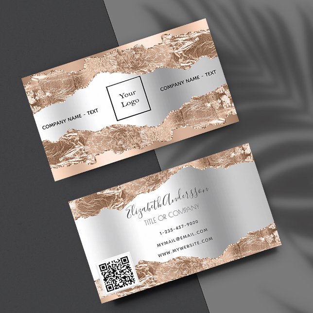 Rose Gold Silbermetall-Age-Marmorlogo QR-Code Visitenkarte (Von Creator hochgeladen)