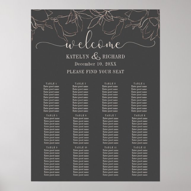 Rose Gold Silhouette Sitzplan Poster (Vorne)