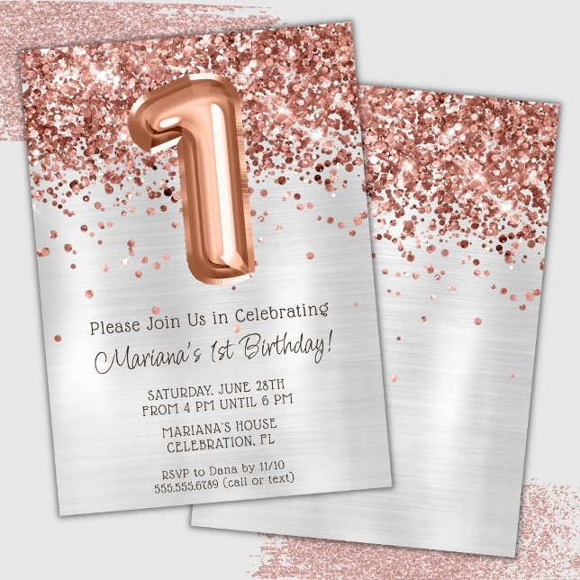 Rose Gold Silver 1er anniversaire fête Invitation (Créateur téléchargé)