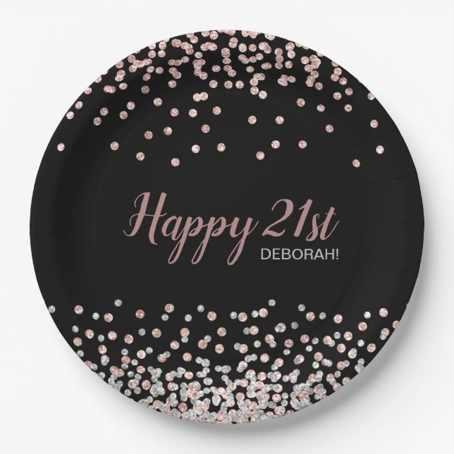 Rose Gold Silver Confetti 21. Geburtstag Party Pappteller (Vorderseite)