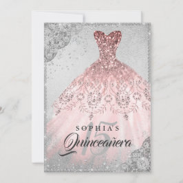 Rose Gold Silver Diamond Sparkone Gown Quinceanera Einladung
