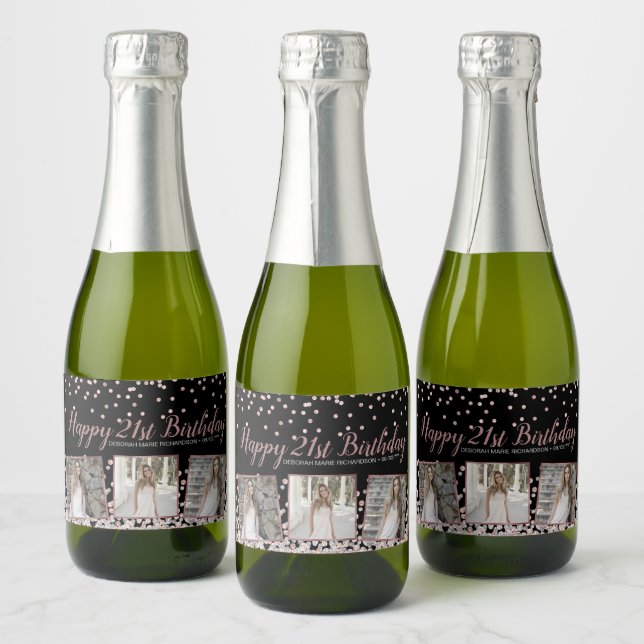 Rose Gold Silver FotoCollage 21. Geburtstag (Flaschen)
