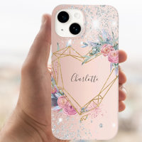 Rose gold silver glitter floral monogram name 