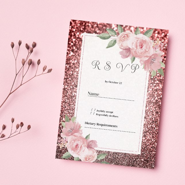 Rose gold silver glitter pink floral RSVP  Einladung (Rose gold silver glitter pink floral RSVP )