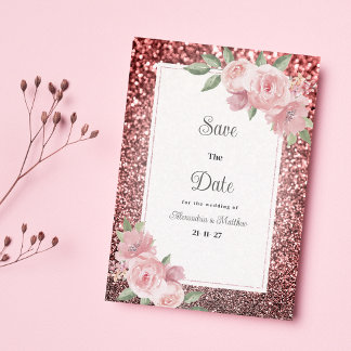Rose gold silver glitter pink floral Save The Date Einladung