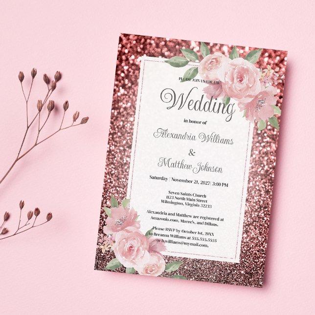 Rose gold silver glitter pink floral Wedding  Einladung (Rose gold silver glitter pink floral Wedding )