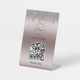 Rose Gold Silver Glitzer Scan Me QR-Logo Sockelschild