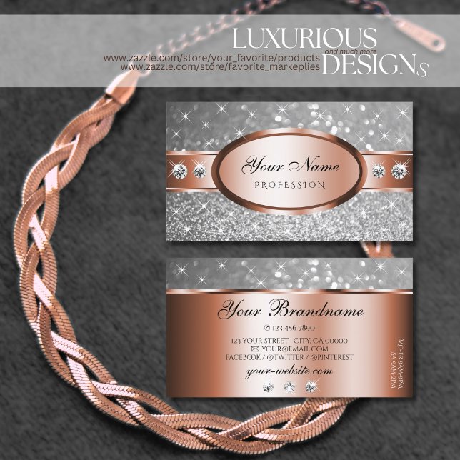 Rose Gold Silver Glitzer Stars Diamanten Extravaga Visitenkarte (Von Creator hochgeladen)