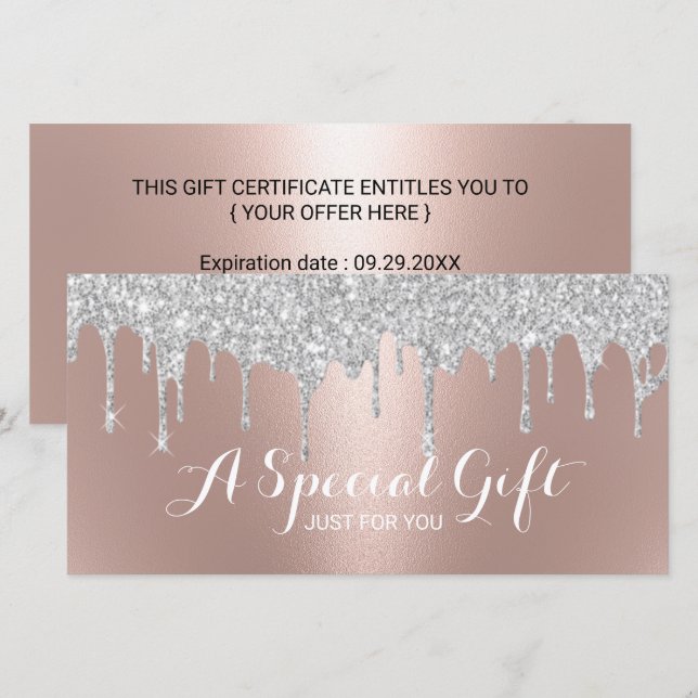 Rose Gold Silver Glitzer Tropfen Geschenkgutschein (Vorne/Hinten)