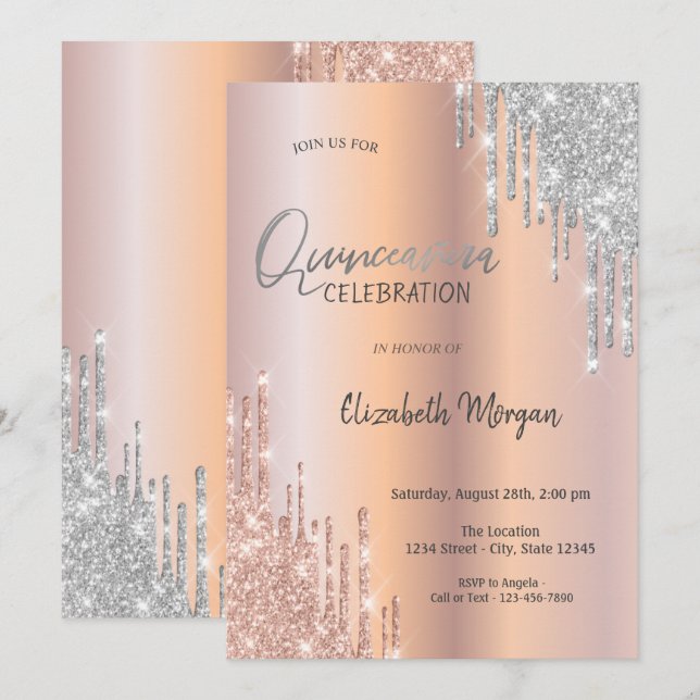 Rose Gold Silver Glitzer Tropfen Quinceañera Einladung (Vorne/Hinten)
