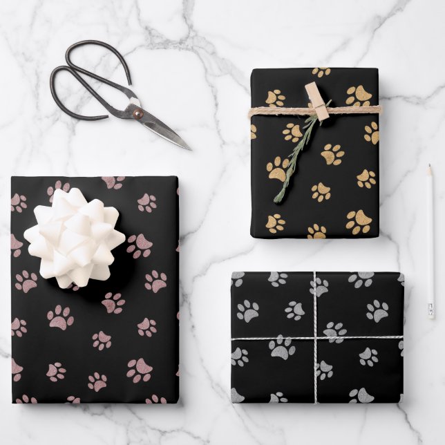Rose Gold Silver Gold Glitzer Paw Prints auf Black Geschenkpapier Set (Vorderseite)