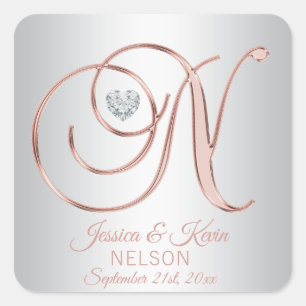 Rose Gold Silver Gray Monogram Heart Wedding Quadratischer Aufkleber