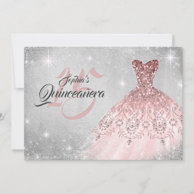 Rose Gold Silver Lace Diamond Gozo Quinceanera Einladung (Vorderseite)