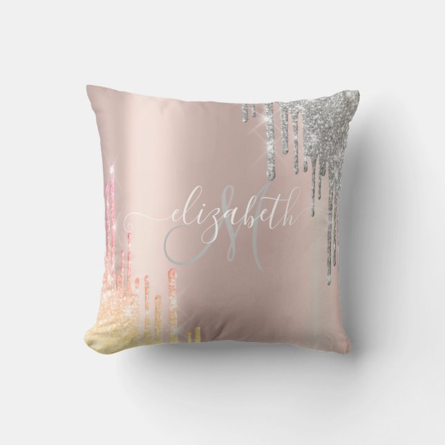 Rose Gold, Silver Ombre Glitzer Tropfen Monogram Kissen (Vorderseite)