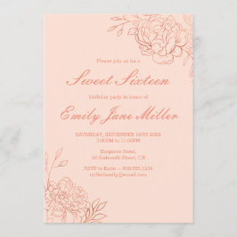 Rose Gold Sketched Blume Rosa Blumensüß 16 Einladung