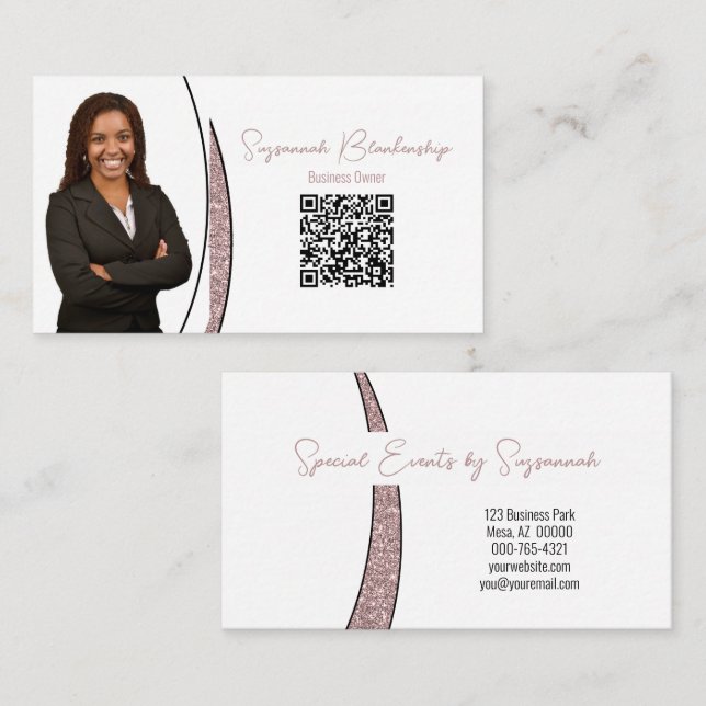 Rose Gold Sliver Imitate Glitzer Foto QR Chic Visitenkarte (Vorne/Hinten)