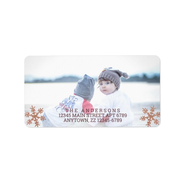 Rose Gold Snowflake Weihnachtsfeiertag Chic Foto Adressaufkleber (Vorne)