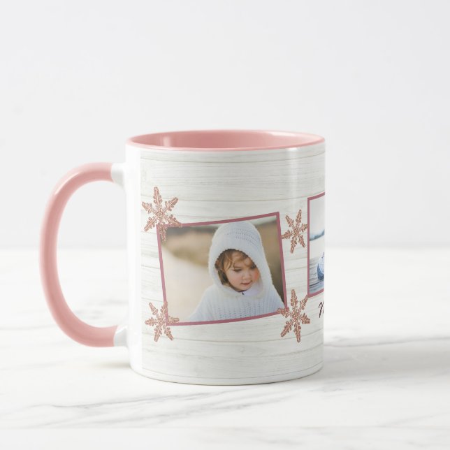 Rose Gold Snowflake Weihnachtsname und 3 Foto Tasse (Links)