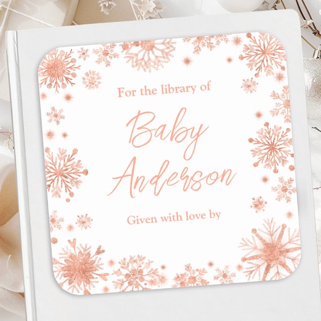 Rose Gold Snowflakes Baby Dusche Buchzeichen Quadratischer Aufkleber (Von Creator hochgeladen)