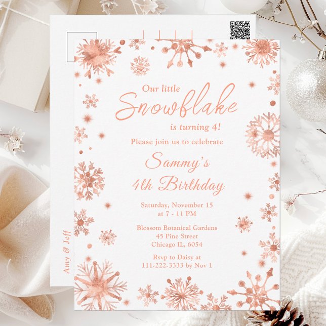 Rose Gold Snowflakes Geburtstagsparty Postkarte (Von Creator hochgeladen)
