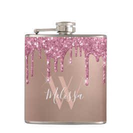 Rose Gold Sparkeil Glitzer Tropfen Rosa Monogramm Flachmann