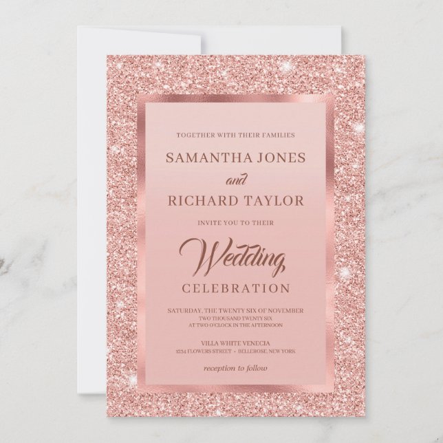 Rose Gold Sparkeln Glitzer Folie staubig pink Einladung (Vorderseite)