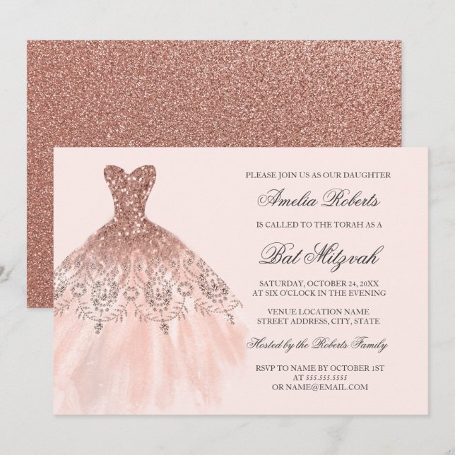 Rose Gold Sparkenkleid Bat Mitzvah Einladung (Vorne/Hinten)