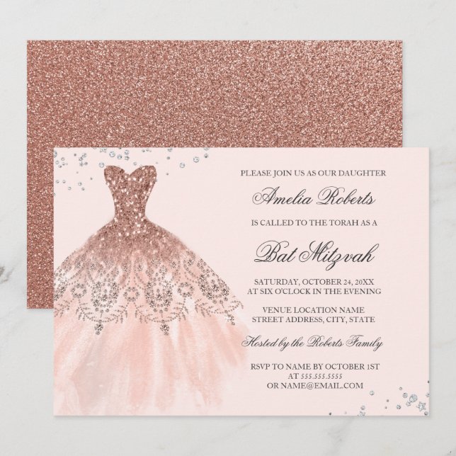 Rose Gold Sparkkleid Diamond Bat Mitzvah Einladung (Vorne/Hinten)