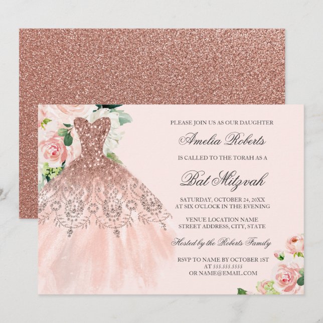 Rose Gold Sparkkleid Floral Bat Mitzvah Einladung (Vorne/Hinten)