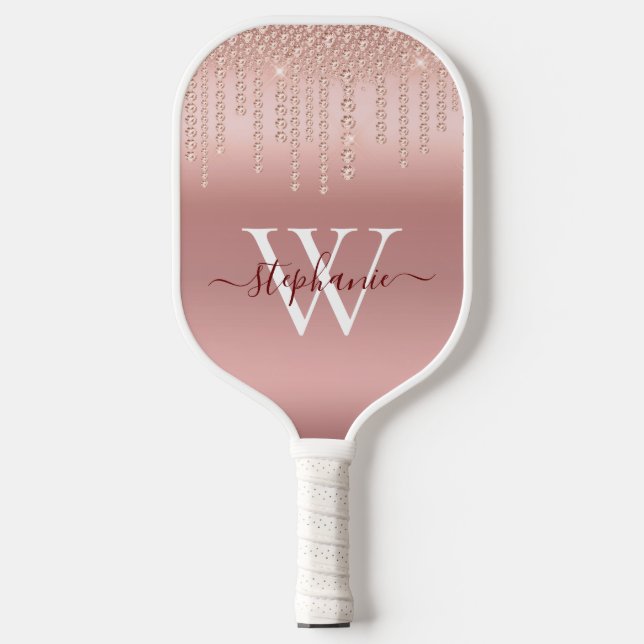 Rose Gold Sparkle Diamond Monogram Script Pickleball Schläger (Vorderseite)