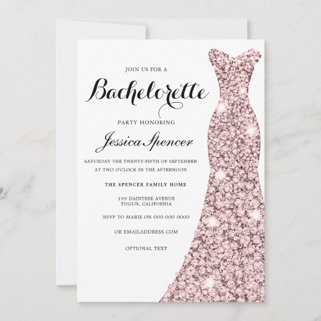 Rose Gold Sparkle Dress Junggeselinnen-Abschied la Einladung (Vorderseite)