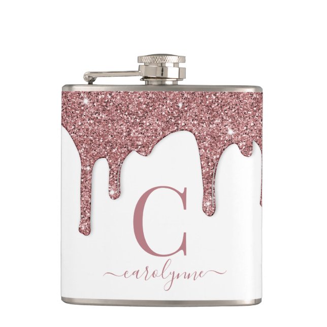 Rose Gold Sparkle Glam Glitzer Tropfen Monogram Flachmann (Vorderseite)