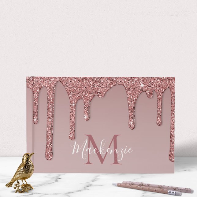 Rose Gold Sparkle Glam Glitzer Tropfen Monogram Gästebuch (Rose Gold Sparkle Glam Glitter Drips Monogram Guest Book)