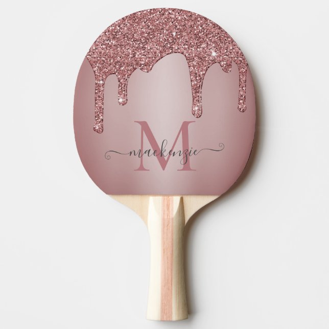 Rose Gold Sparkle Glam Glitzer Tropfen Monogram Tischtennis Schläger (Vorderseite)