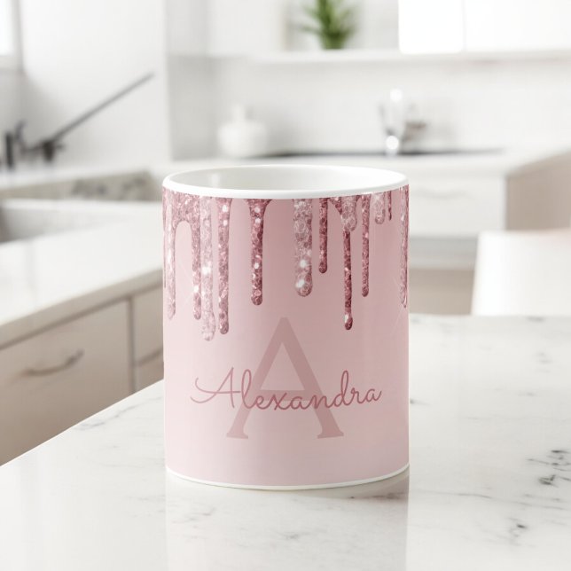 Rose Gold Sparkle Glitter Monogram Name & Initial Kaffeetasse (Von Creator hochgeladen)
