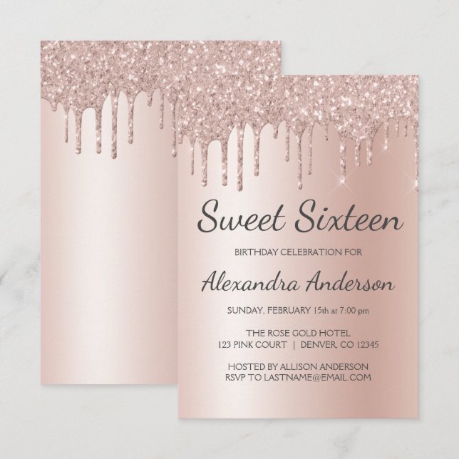 Rose Gold Sparkle Glitzer 16 . Geburtstag Geburtst Einladung (Vorne/Hinten)