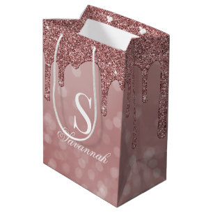 Rose Gold Sparkle Glitzer Tropfen Bokeh Monogram Mittlere Geschenktüte