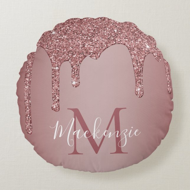 Rose Gold Sparkle Glitzer Tropfen Monogram Baby Rundes Kissen (Vorderseite)