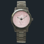Rose Gold Sparkle Glitzer Tropfen Monogramm Armbanduhr<br><div class="desc">Rose Gold Sparkle Glitzer Tropfen Monogram Watch mit Mode Imitate rot Rosa/Rose Gold Glitzer Tropfen auf einem schicken Hintergrund mit Ihrem eigenen Monogramm und Namen. Bitte kontaktieren Sie uns unter cedarandstring@gmail.com ,  wenn Sie Hilfe beim Design oder den passenden Produkten benötigen.</div>