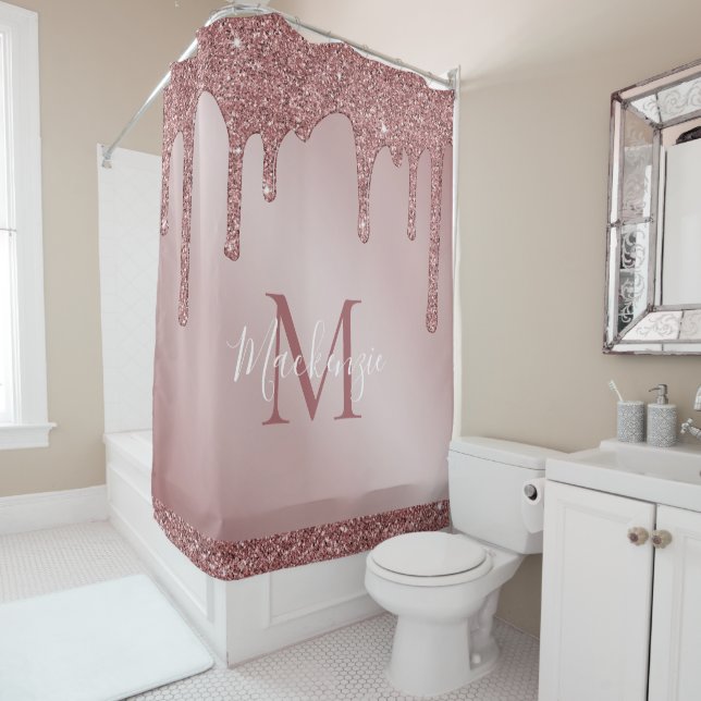 Rose Gold Sparkle Glitzer Tropfen Monogramm Duschvorhang (Beispiel)