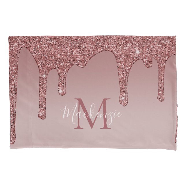 Rose Gold Sparkle Glitzer Tropfen Monogramm Kissenbezug (Vorderseite)