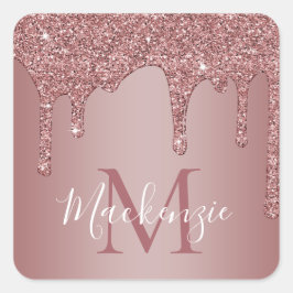 Rose Gold Sparkle Glitzer Tropfen Monogramm Quadratischer Aufkleber
