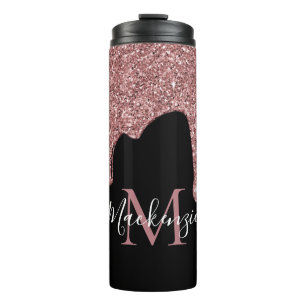 Rose Gold Sparkle Glitzer Tropfen Monogramm Schwar Thermosbecher