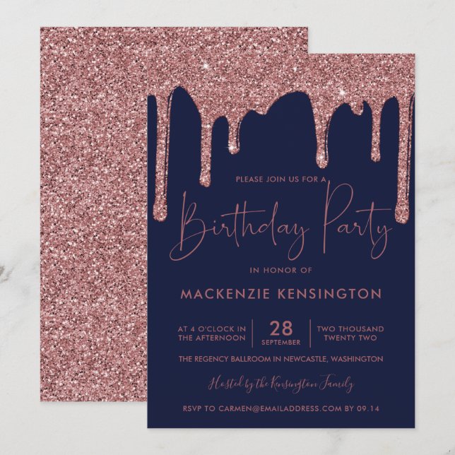 Rose Gold Sparkle Glitzer Tropfen Navy Blue Geburt Einladung (Vorne/Hinten)