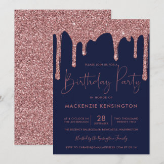 Rose Gold Sparkle Glitzer Tropfen Navy Blue Geburt Einladung
