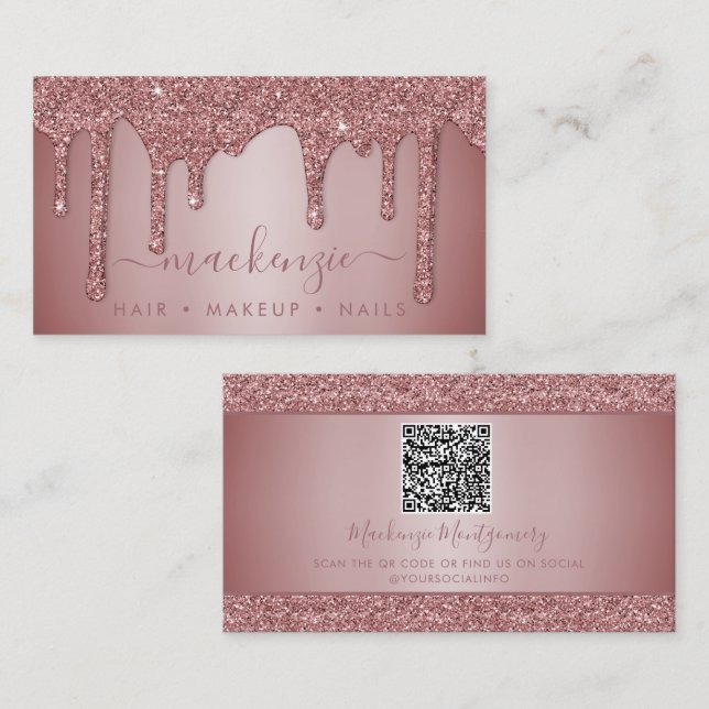 Rose Gold Sparkle Glitzer Tropfen QR Code Visitenkarte (Vorne/Hinten)