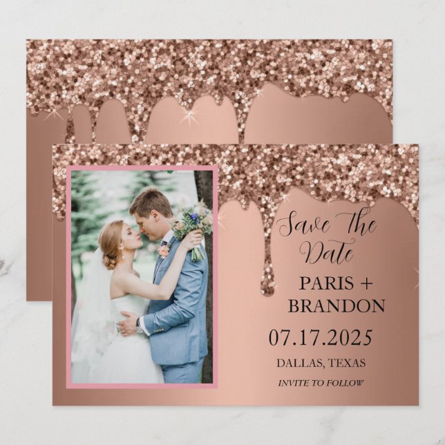 Rose Gold Sparkle Glitzer Tropfen Rosa Hochzeit Save The Date (Vorne/Hinten)