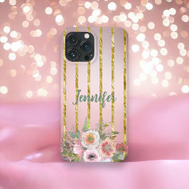 Rose Gold Sparkle Gold Streifen mit Blume Case-Mate iPhone Hülle